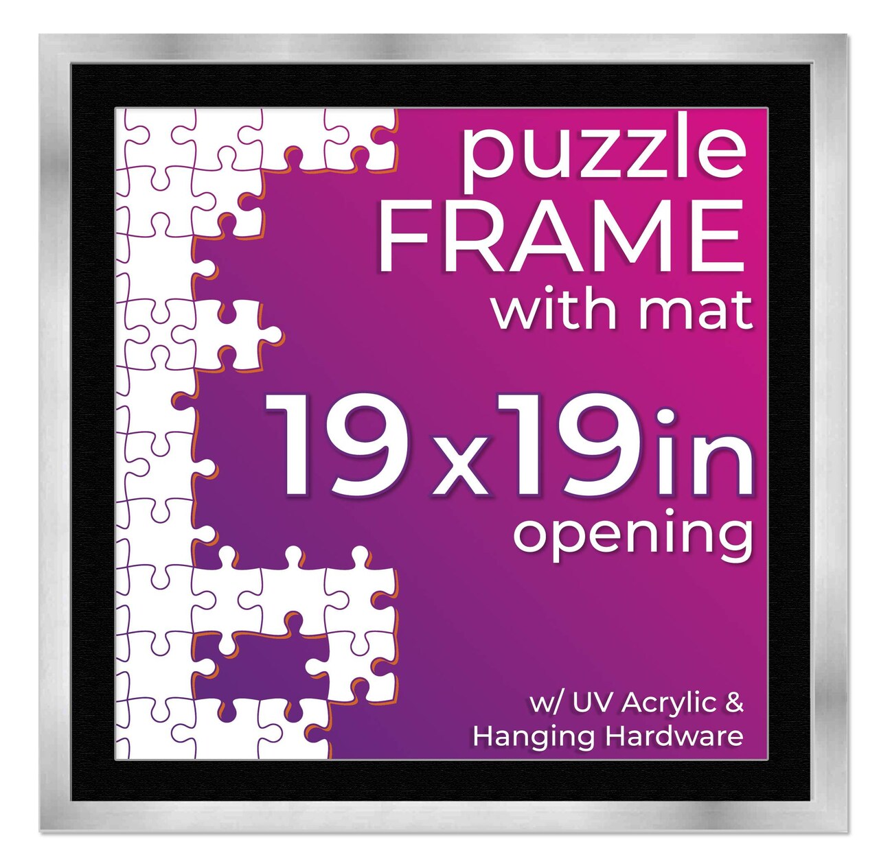 19x19 Jigsaw Puzzle Frame Kit - Kit Includes Puzzle Glue Sheets, Silver Wood Puzzle Frame with Black Mat, UV Acrylic, Backing,, Hanging Hardware